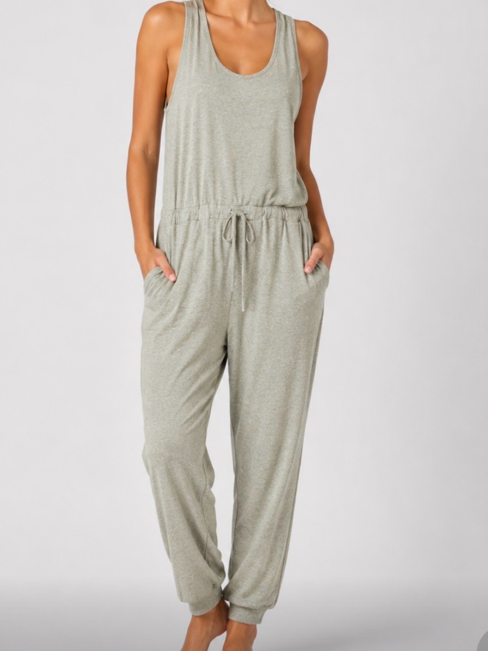 7 For All Mankind Sleeveless Drawstring Jumpsuit in Light Sage